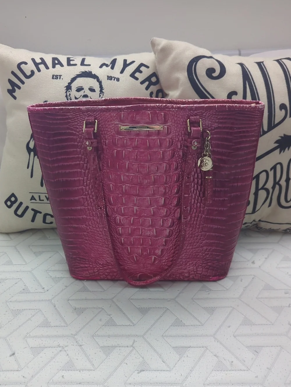 Authentic Brahmin Pink Croc Embossed Tote Bag